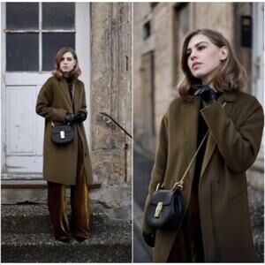 ZARA Wool Blend Minimalist Overcoat Small Olive Brown Classic Fall Coat